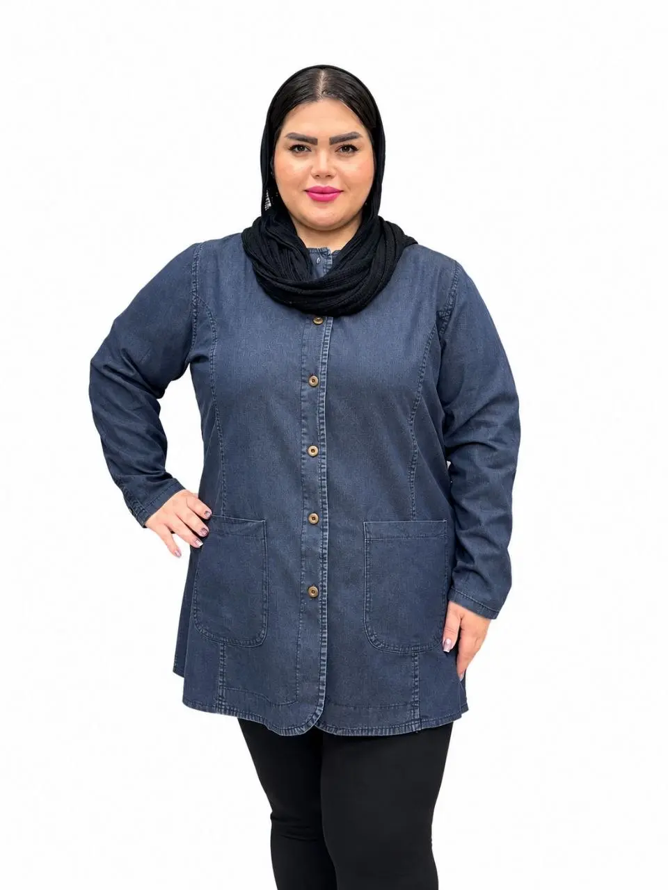 مانتو جین زنانه سایز بزرگ عصایی دو جیب